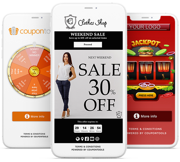 Digital Spin Wheel Coupon, Regular Coupon and Slot Machine Coupon on a smartphone.