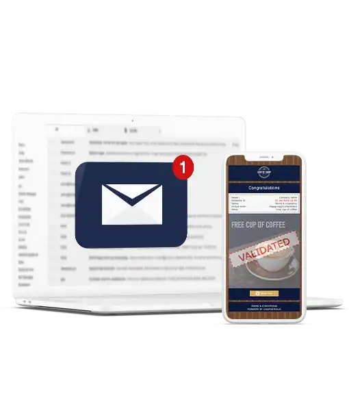Digital single-use Coupon on smartphone next to laptop with email inbox opened.
