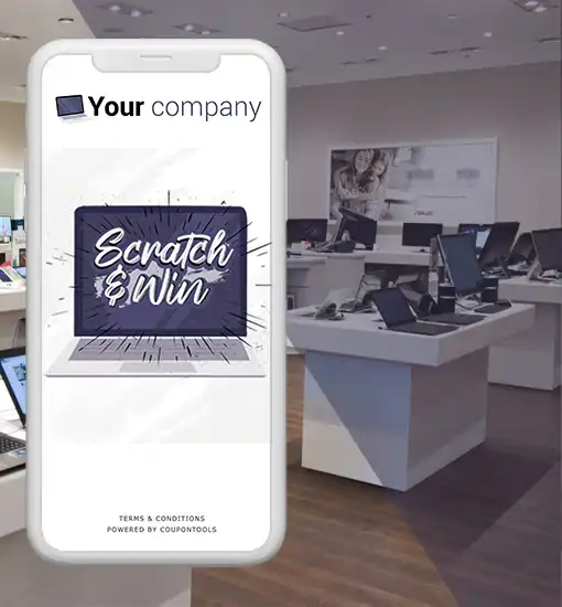Digital Scratch&Win Coupon on a smartphone in a Telco shop.