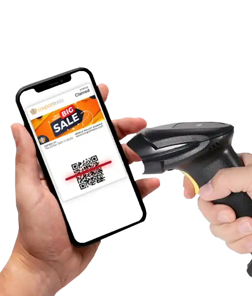 Mobile Wallet Marketing Platform - Woman holding smartphone with Digital regular Coupon saved to her Mobile Wallet.